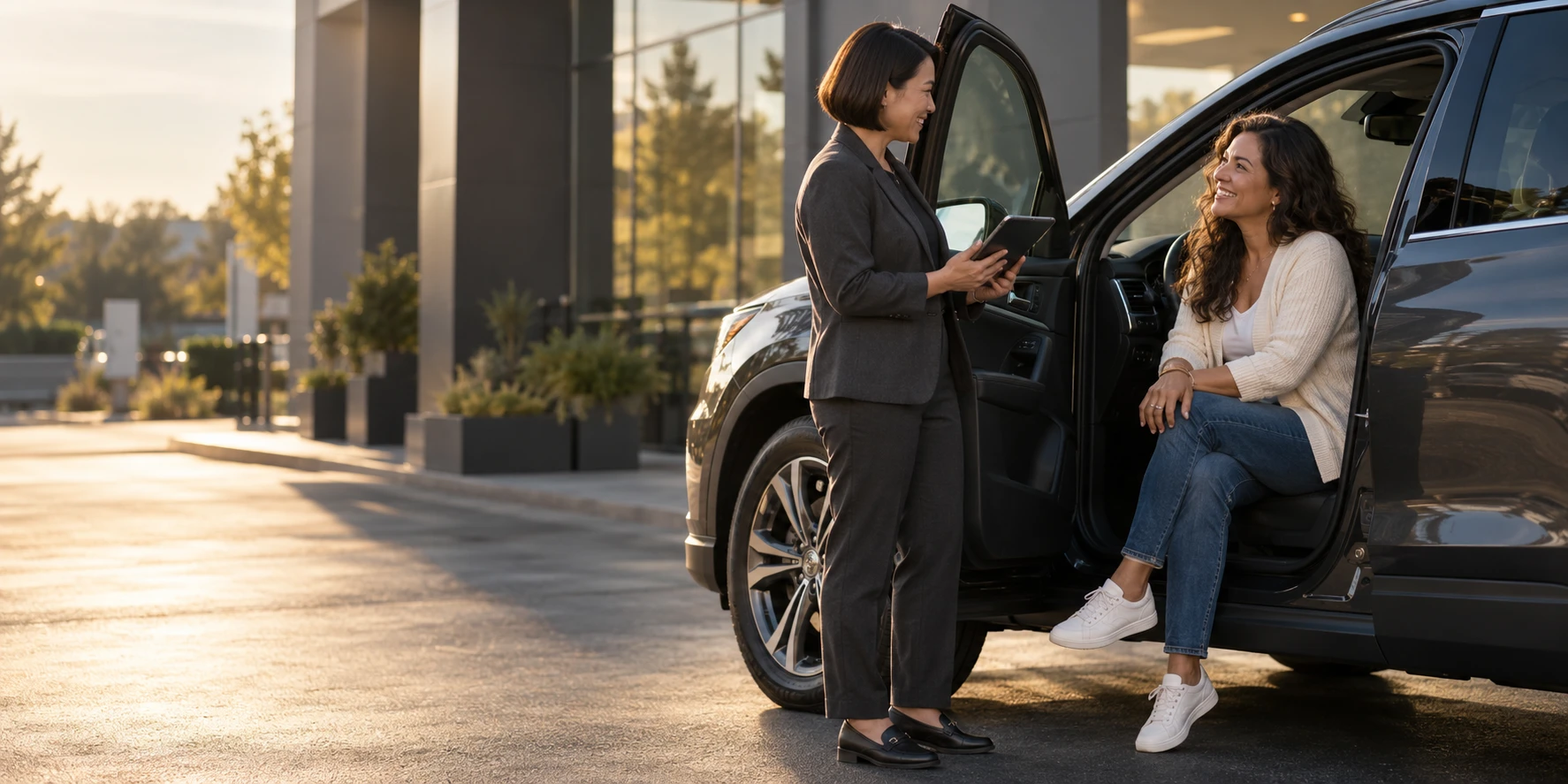 A member prepares for a test drive with a dealership advisor.