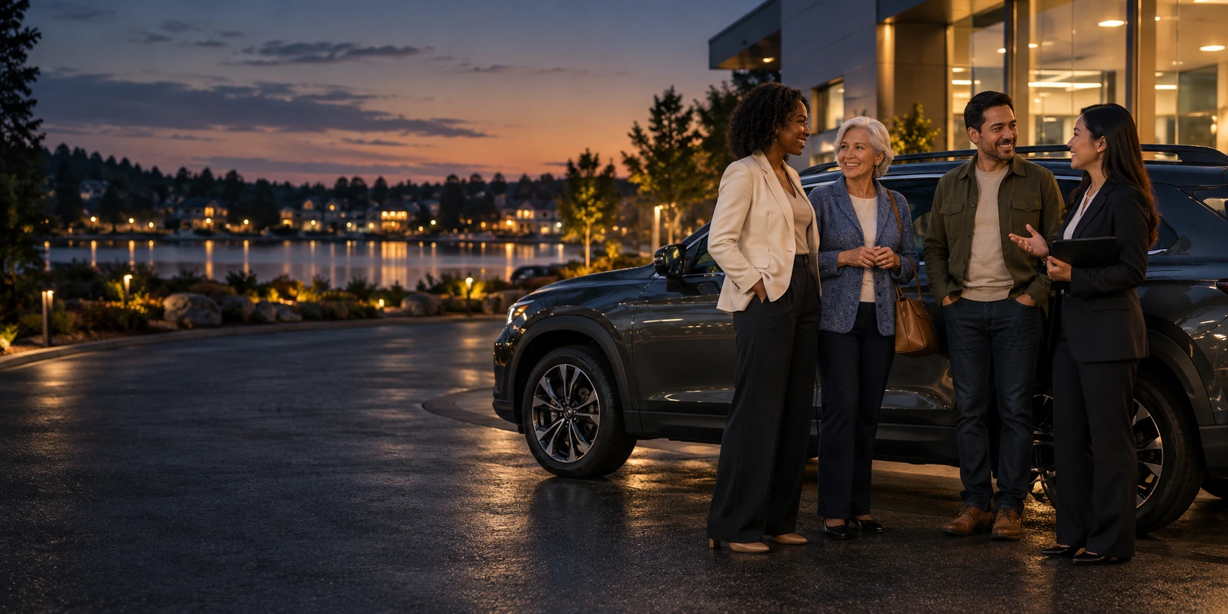 Members and a dealership professional meet beside an SUV at dusk.